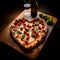 Heart-shaped pizza on rustic wooden background, Valentine\\\'s Day dinner idea