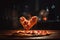 heart-shaped pizza spinning in the air, with a blur of motion