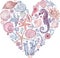 Heart-shaped print with watercolor marine elements. Illustration with seahorse, starfish, seashells, corals, seaweed