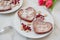 heart shaped red velvet pancakes on a table