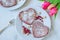 Heart shaped red velvet pancakes on a table