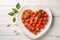 Heart shaped spaghetti with tomato sauce and parmesan cheeses on white plate. AI Generated