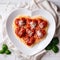 Heart shaped spaghetti with tomato sauce and parmesan cheeses on white plate. AI Generated