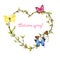 Heart shaped spring wreath from twigs, young foliage and butterflies