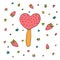 Heart shaped strawberry ice cream on a popsicle stick. Hand drawn. Summer dessert. Tasty snack. Vector illustration.