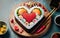 Heart shaped Valentine day sushi set. Classic sushi rolls, philadelphia, maki set for two, with two pairs of