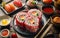 Heart shaped Valentine day sushi set. Classic sushi rolls, philadelphia, maki set for two, with two pairs of