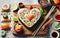 Heart shaped Valentine day sushi set. Classic sushi rolls, philadelphia, maki set for two, with two pairs of