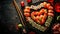 Heart shaped Valentine day sushi set. Classic sushi rolls, philadelphia, maki set for two, with two pairs of