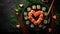 Heart shaped Valentine day sushi set. Classic sushi rolls, philadelphia, maki set for two, with two pairs of