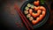 Heart shaped Valentine day sushi set. Classic sushi rolls, philadelphia, maki set for two, with two pairs of