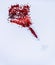 Heart-shaped vibrant red confetti poured out of champagne glass on white background. Top view and flat lay. Holiday