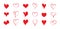 Heart shapes for love. Red icons for valentine day. Drawn symbol with sketch. Silhouette of heart for wedding. Grunge romantic