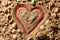 Heart and shells. Sand with red background.