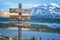 Heart & soul text on wooden signpost outdoors in landscape scenery during blue hour.