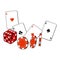 Heart, spade, clubs, diamond ace cards, dice and gambling chips