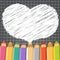 Heart speech bubble with pencils. Dark checkered background.