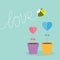 Heart stick flower in the pot and bee with dash line word love. Flat design.