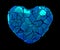 Heart symbol in a 3D illustration made of broken plastic blue color isolated on a black