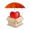 Heart symbol in a brown carton, under umbrella protection,heart shape symbol using mesh gradient.