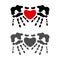 Heart symbol between palm prints, handprint, heart in hands. Isolated vector objects.