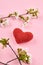 Heart symbol. romance and love concept. pink background with spring flowers decoration