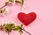 heart symbol. romance and love concept. pink background with spring flowers decoration