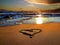 Heart symbol on  sunset  beach sand  and  sea water  reflection light nature landscape romantic  summer  background Description