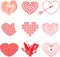 Heart Symbol Vector Red Shapes Collection Of Various Flat Icons Isolated On Light Background. Valentines Day Assorted