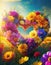 Heart symbol wreath made of colorful flowers blooming on a summer meadow at sunrise. Love concept romantic background for