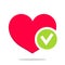 Heart with tick. Icon of health. Logo for checkmark. Positive check after test. Mark of healthy life. Choice ok. Concept of care,