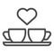 Heart and two coffee cups line icon. Two mugs and heart vector illustration isolated on white. Romantik drink outline