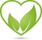 Heart and two leaves, nature and vegan logo