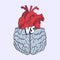 Heart vs brain. Concept of mind against love fight, difficult choice. Hand drawn vector illustration.