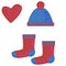 Heart, warm red socks and a blue hat on a white background. Abstract bicolor elements with texture.