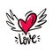 Heart with wings. Love symbol. Hand drawn vector illustration and Love phrase lettering. Cartoon style