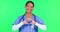 Heart, woman and doctor on green screen, cardiovascular check and healthcare or cholesterol, care sign and service. Face