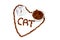 The heart and the word CAT are lined with pieces of dry cat food. An alarm clock and a bowl of dry cat food inside this heart