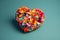 A heart wrapped in colorful flower petals, papercraft, on blue turquise background, Generative AI