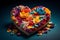 A heart wrapped in colorful flower petals, papercraft, on blue turquise background, Generative AI