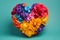 A heart wrapped in colorful flower petals, papercraft, on blue turquise background, Generative AI