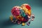 A heart wrapped in colorful flower petals, papercraft, on blue turquise background, Generative AI