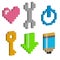 Heart, wrench, power button, load, pencil in pixel design.