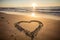 Heart written in the sand on the beach sunset, Generative AI