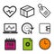 Heartbeat icon. Laptop statistics symbol. 24 hour open icon. Shopping label sign. Clock and Calendar icons