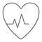 Heartbeat thin line icon, cardiogram and heart, pulse sign, vector graphics, a linear pattern on a white background.