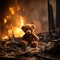 Heartbreaking Concept - sad teddy bear in ruins of house destroyed at war