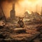 Heartbreaking Concept - sad teddy bear in ruins of house destroyed at war
