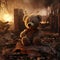 Heartbreaking Concept - sad teddy bear in ruins of house destroyed at war