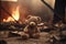 Heartbreaking Concept - sad teddy bear in ruins of house destroyed at war